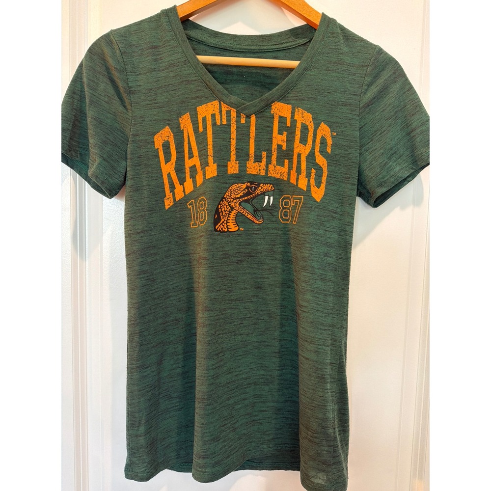 FAMU Rattlers Florida A&M University Graphic V-Neck T-Shirt Green Heather Small